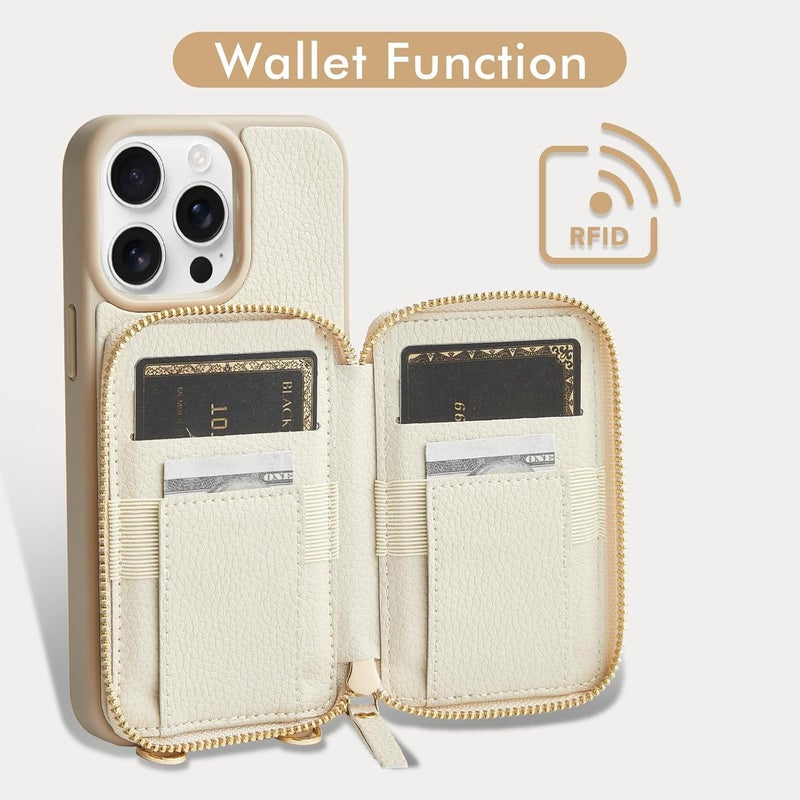 ZVE for iPhone 15 Pro Wallet Case with Card Holder, Phone Cover for Women, Zipper Leather RFID Blocking Purse with Wrist Crossbody Strap for iPhone 15 Pro (6.1 inch)- Beige - Image 2